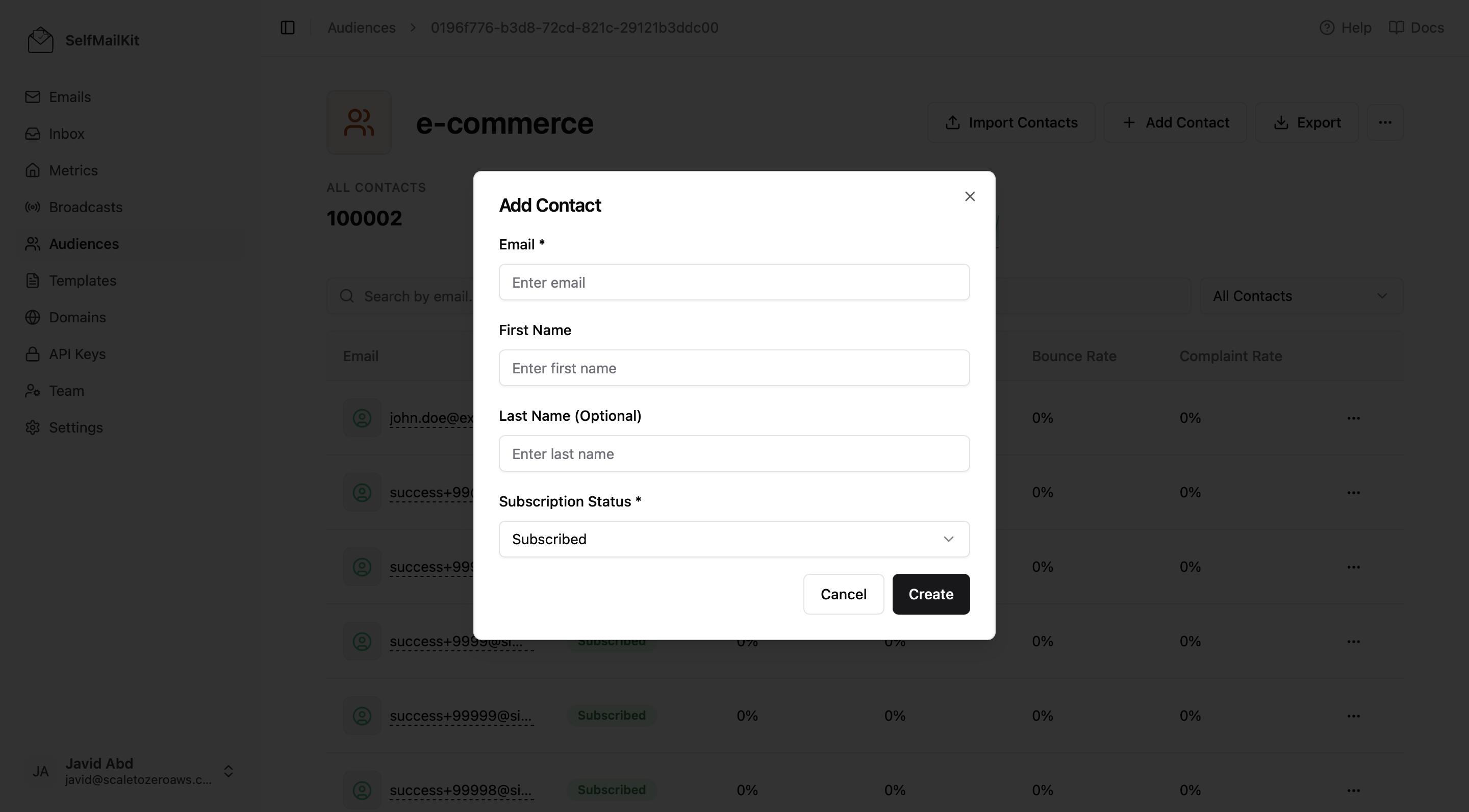 SelfMailKit Manual Contact Addition Form