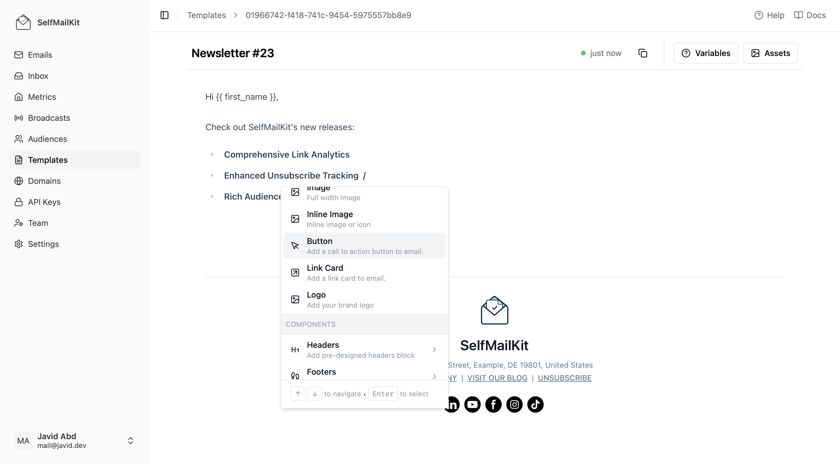 SelfMailKit Notion-like Block Editor