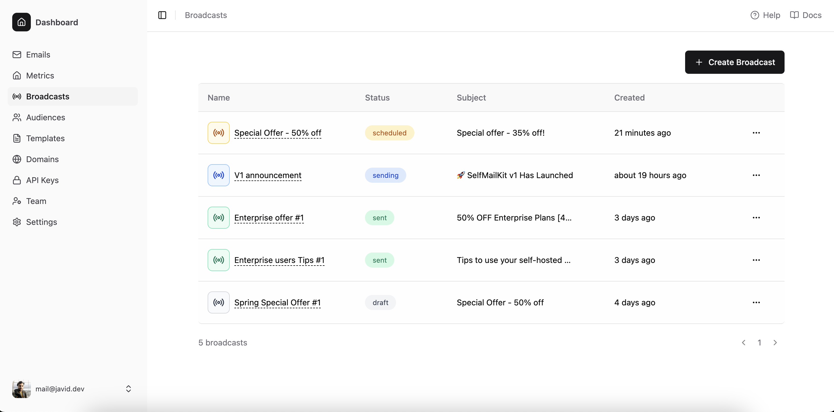 SelfMailKit Broadcast Email Campaign Management Dashboard