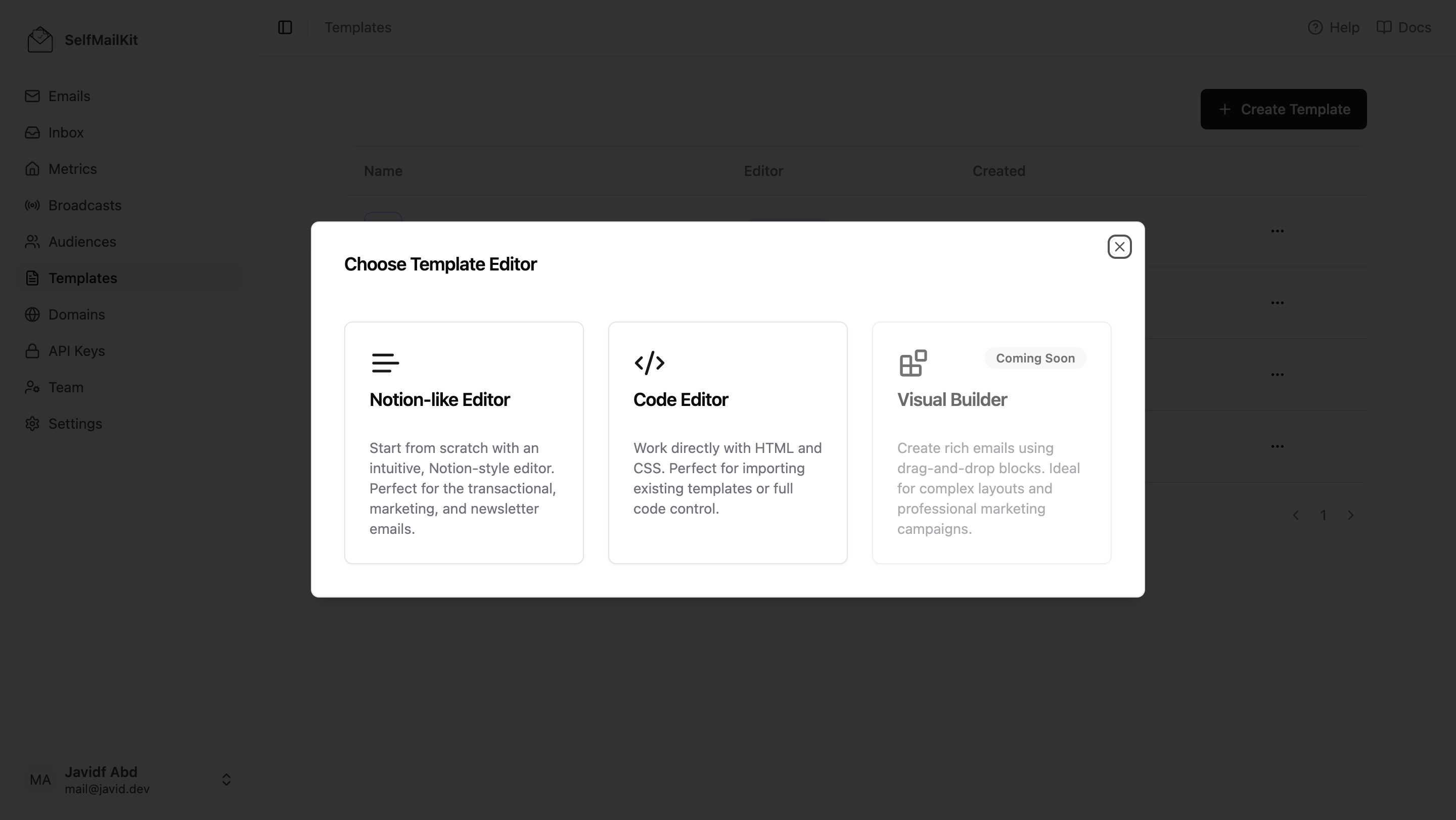 SelfMailKit Template Editor Selection