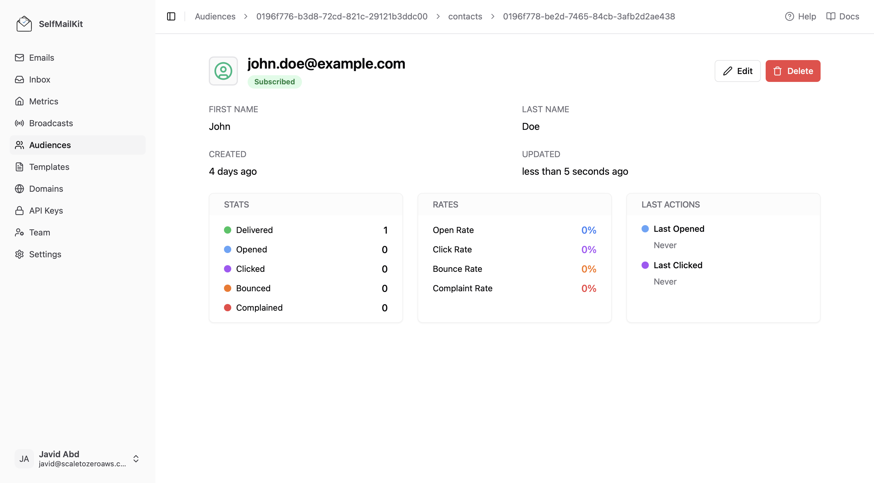 SelfMailKit Individual Contact Analytics