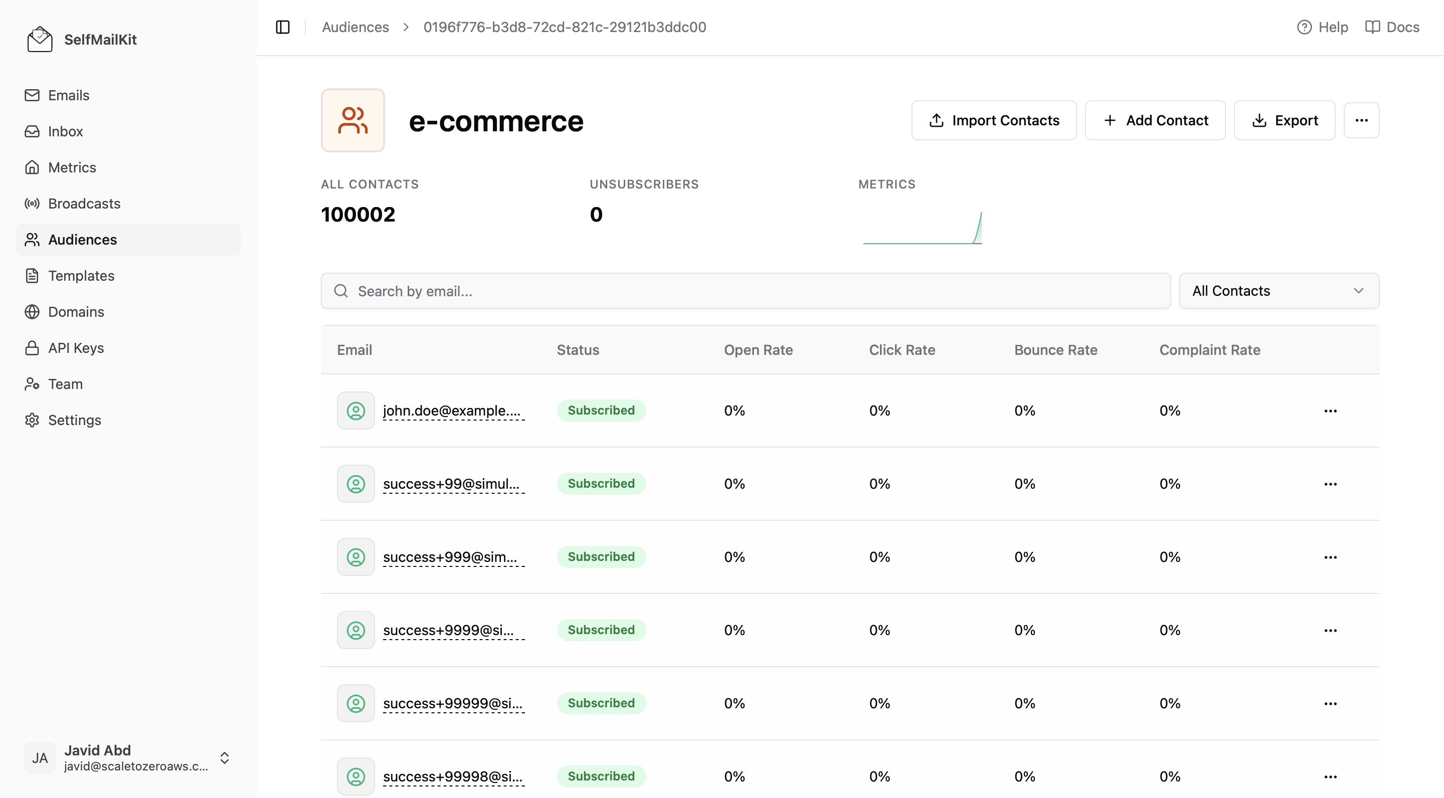 SelfMailKit Contact Management Dashboard