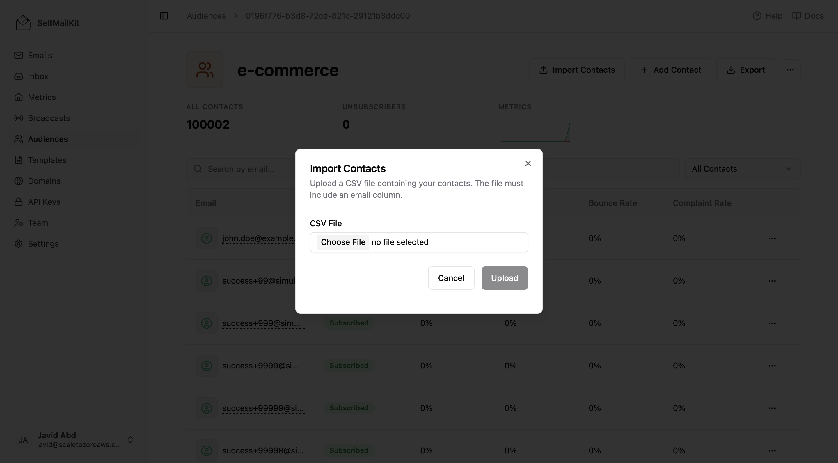 SelfMailKit CSV Contact Import Interface