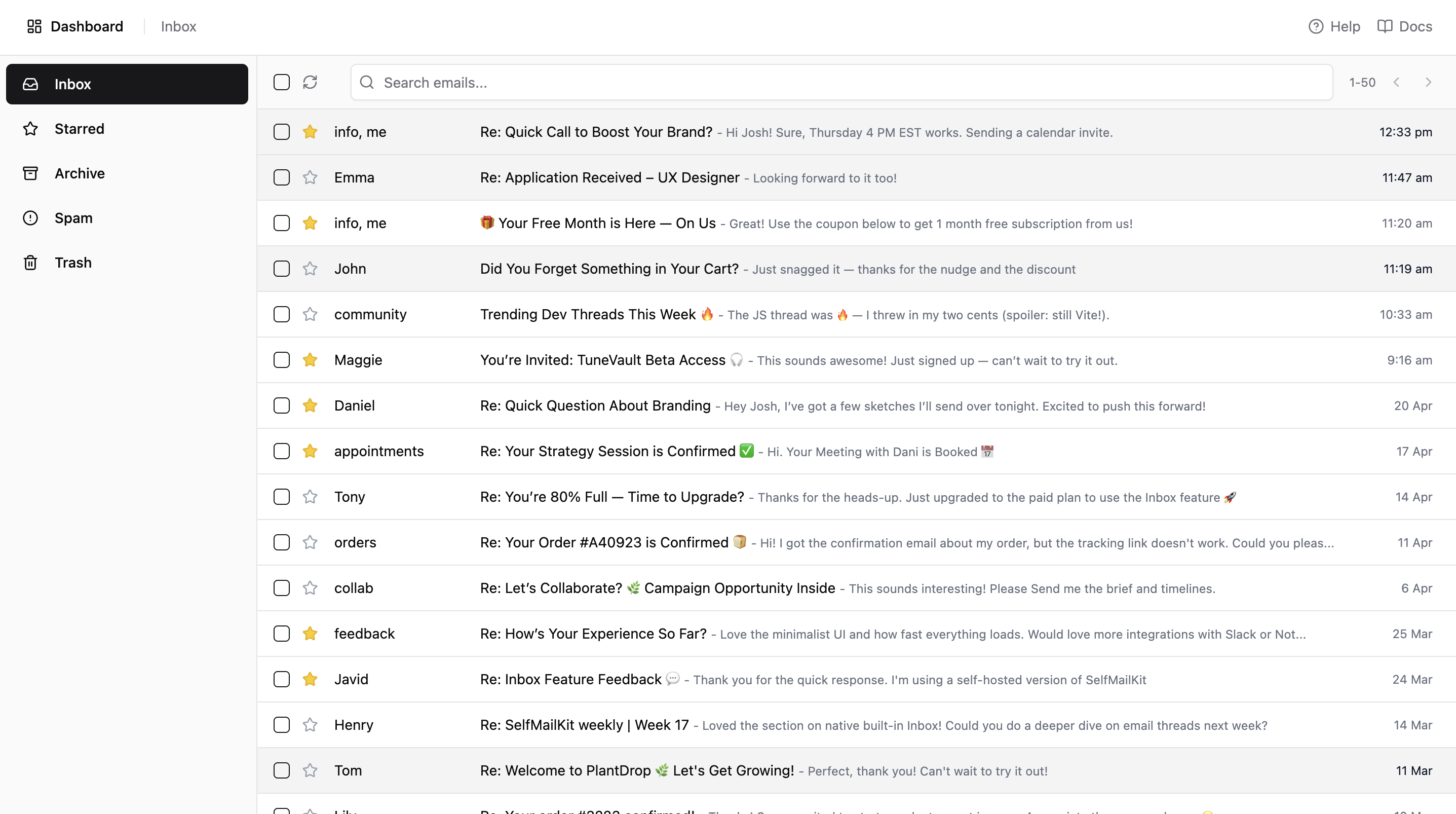 SelfMailKit Native Email Inbox Dashboard
