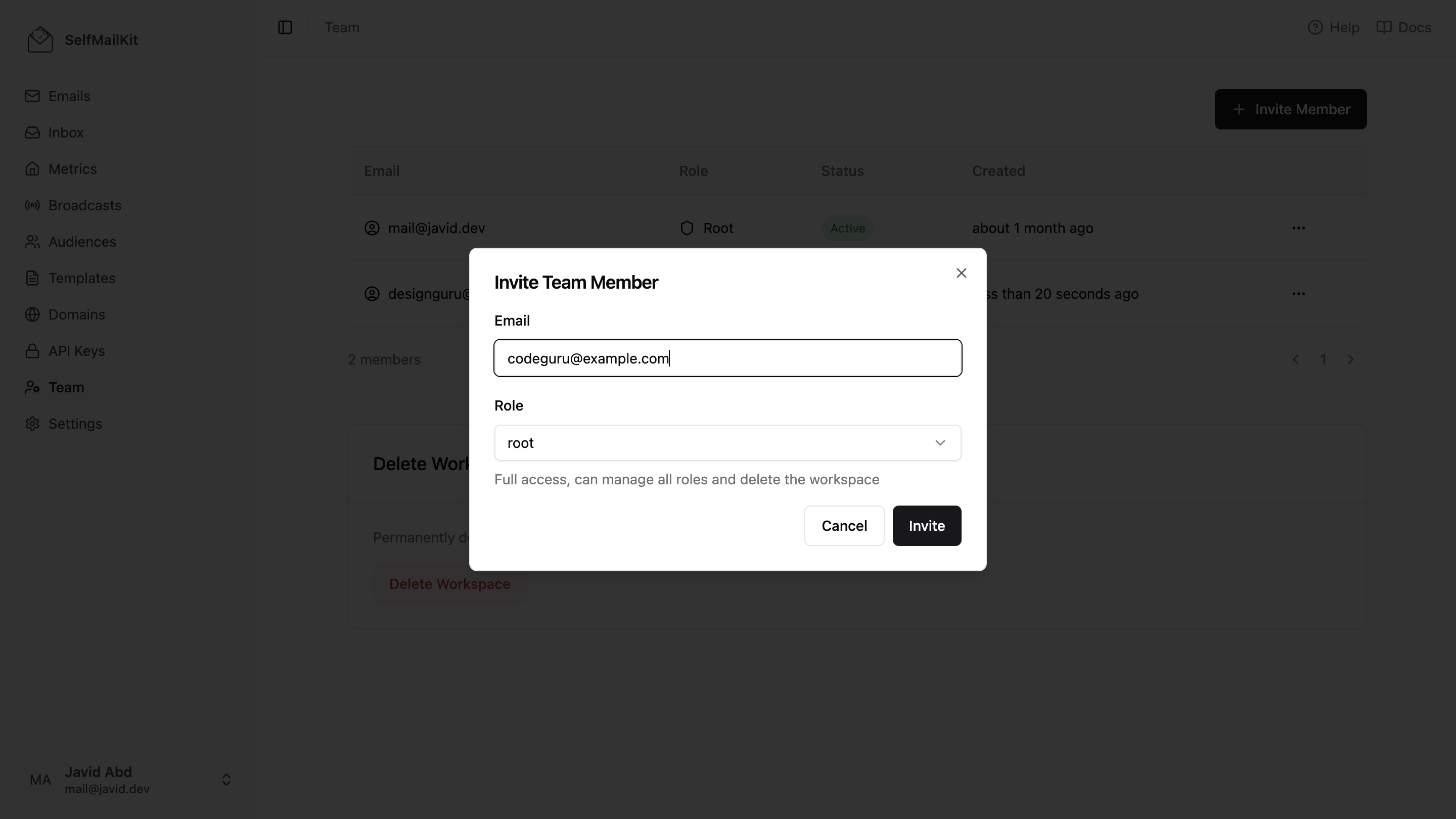 SelfMailKit Invite Team Member Interface