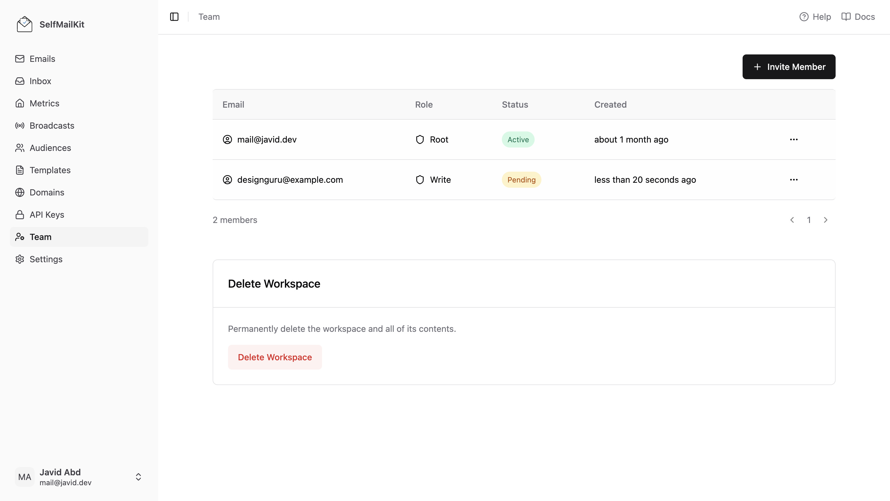 SelfMailKit Team Management Dashboard
